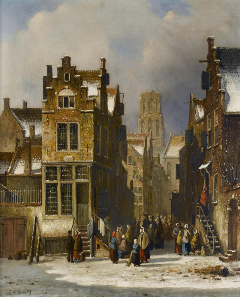 Old European Street with Market Scene – Hand - painted Landscape - Oil Painting Haven