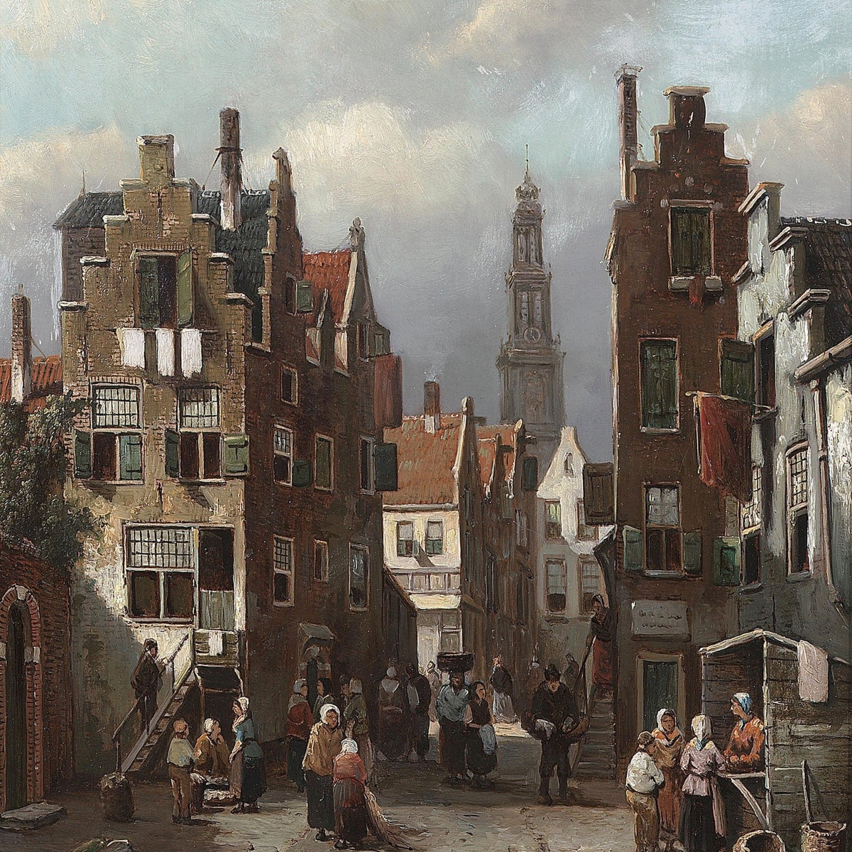 Old European Street with Market Scene – Landscape Oil Painting - Oil Painting Haven