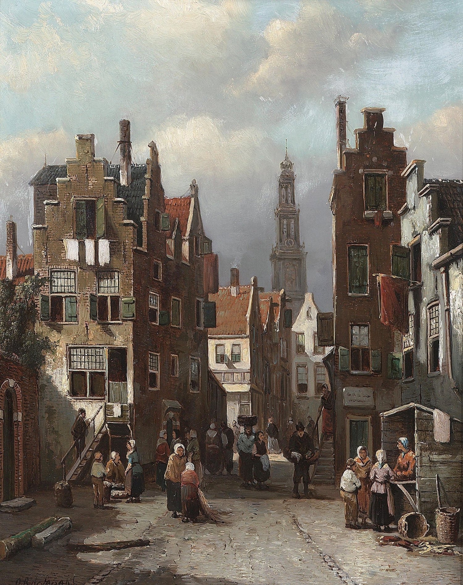 Old European Street with Market Scene – Landscape Oil Painting - Oil Painting Haven