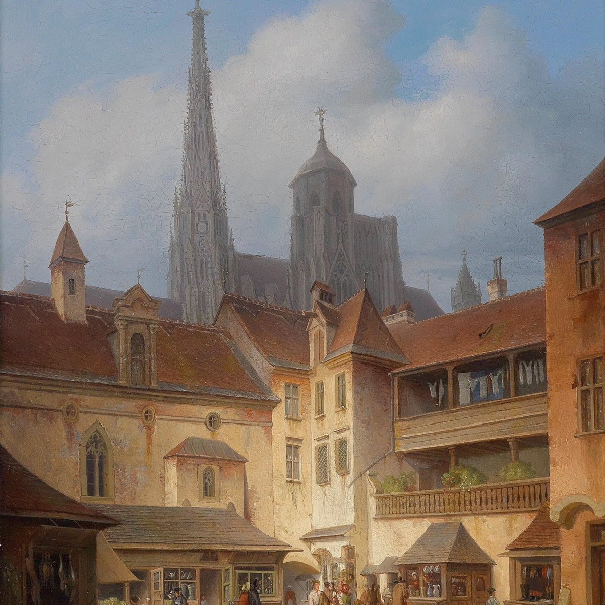 Old European Town Square, Cathedral – Hand - Painted Landscape Oil Painting - Oil Painting Haven