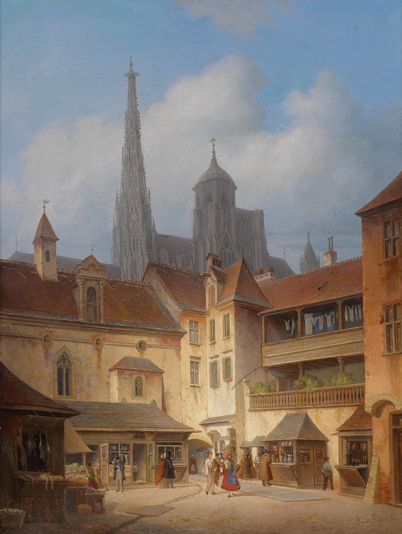Old European Town Square, Cathedral – Hand - Painted Landscape Oil Painting - Oil Painting Haven