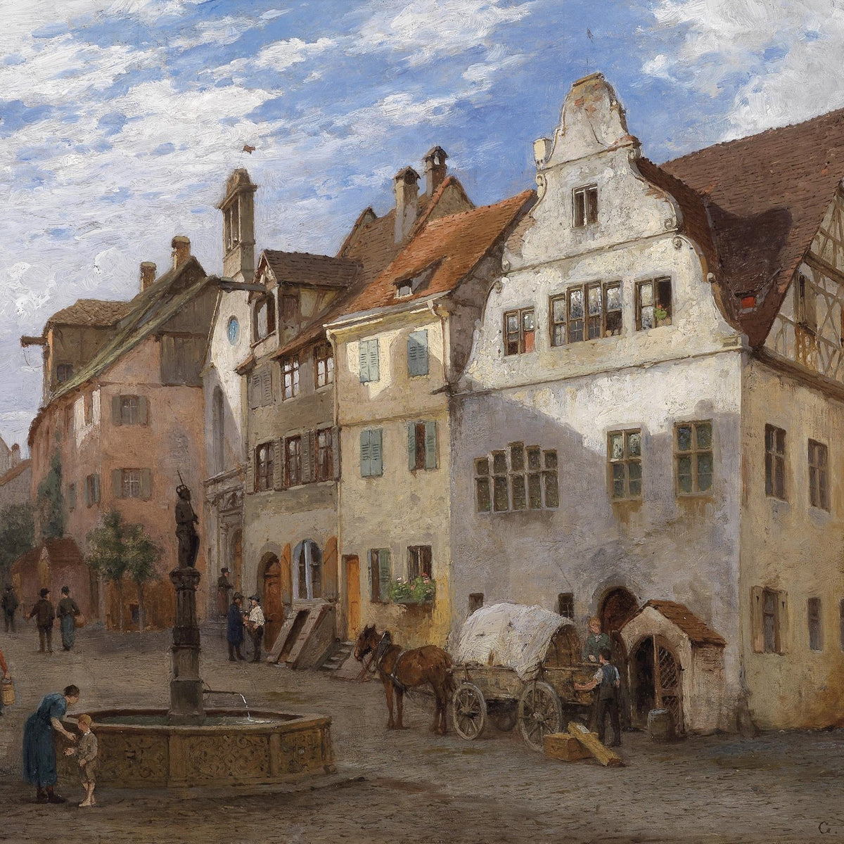 Old European Town Square, Fountain, Figures – Landscape Oil Painting - Oil Painting Haven