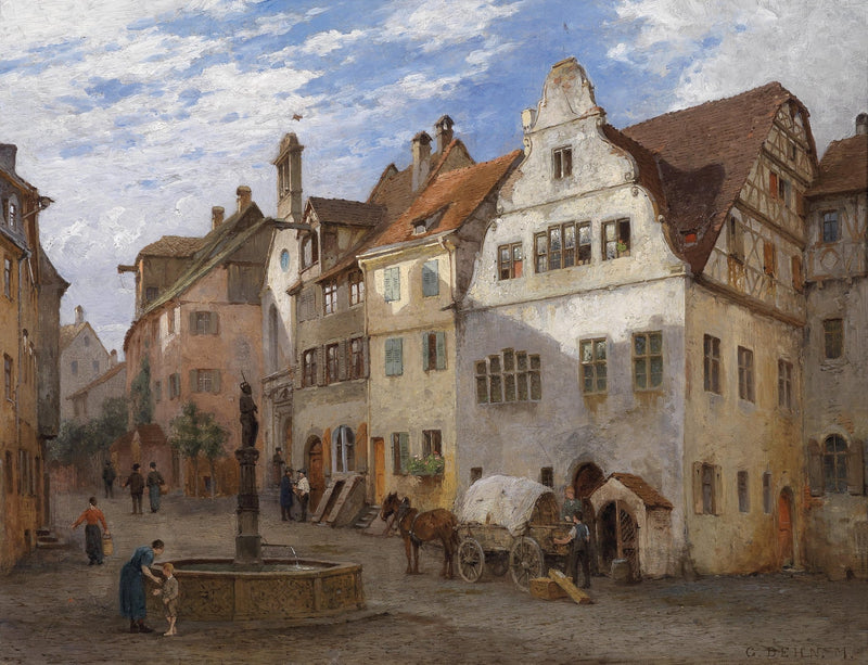 Old European Town Square, Fountain, Figures – Landscape Oil Painting - Oil Painting Haven