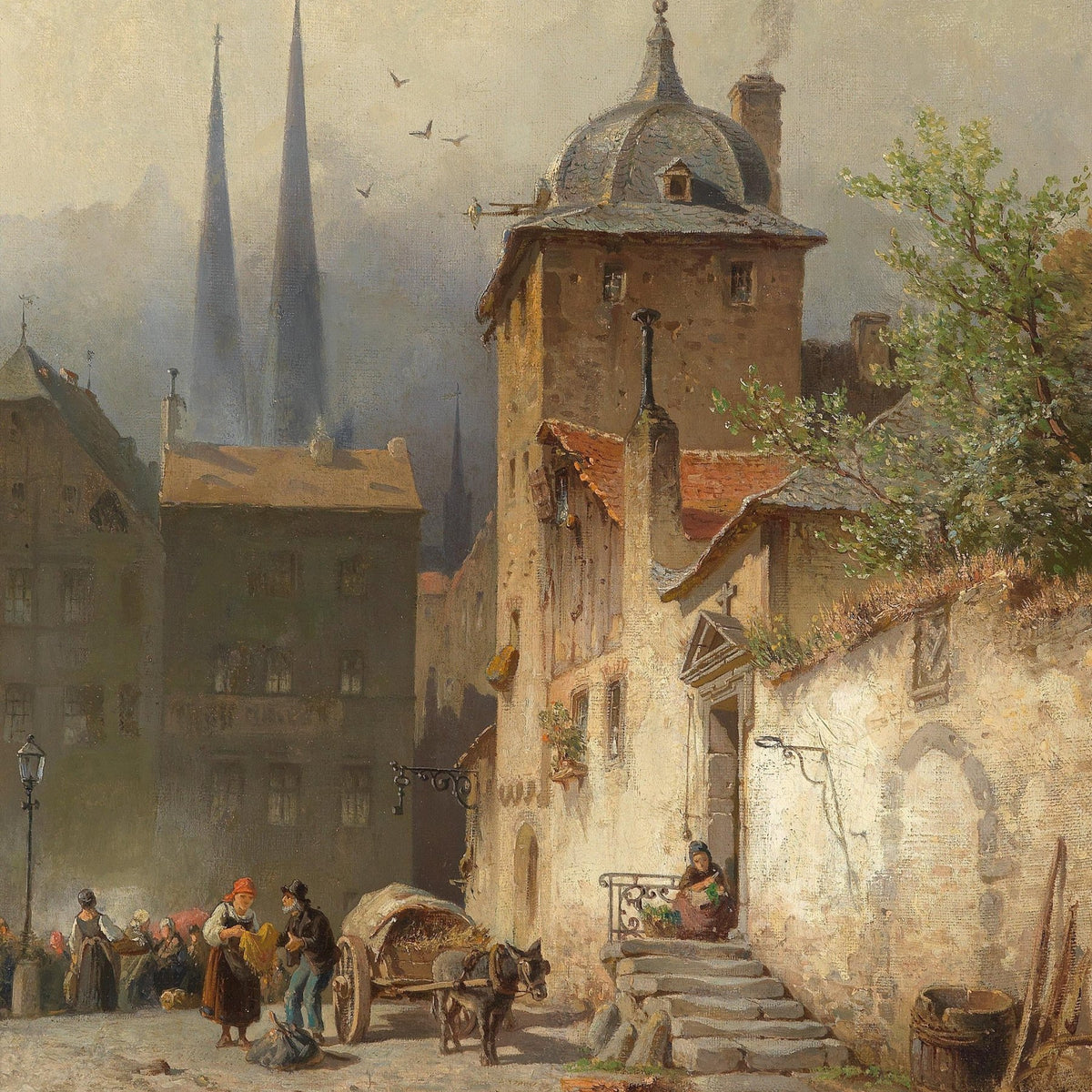 Old European Town Street, Historic Tower – Landscape Oil Painting - Oil Painting Haven