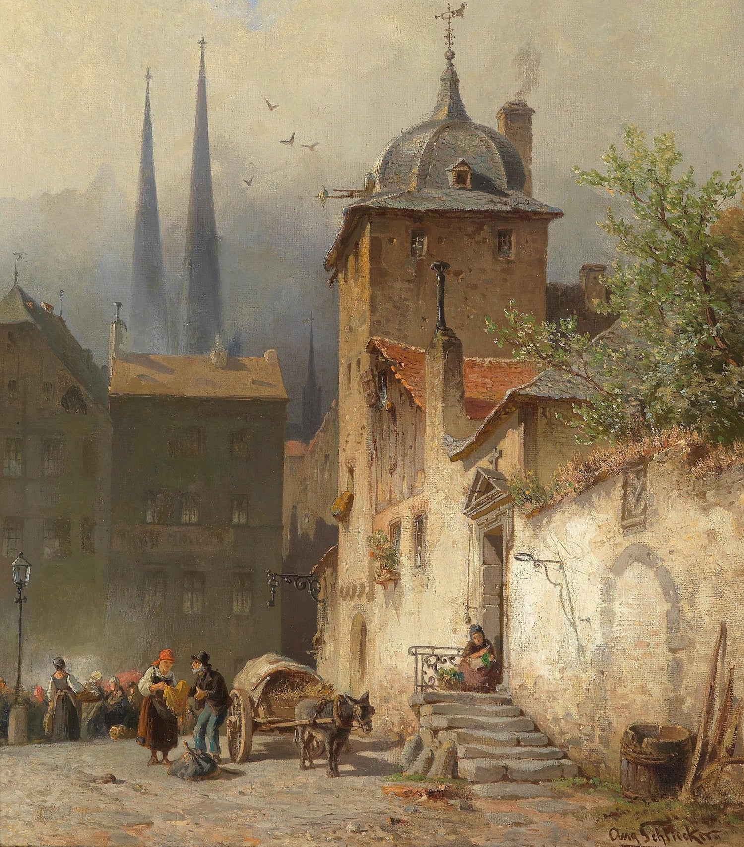 Old European Town Street, Historic Tower – Landscape Oil Painting - Oil Painting Haven