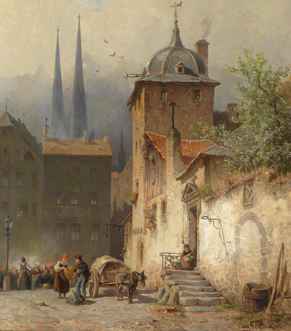 Old European Town Street, Historic Tower – Landscape Oil Painting - Oil Painting Haven