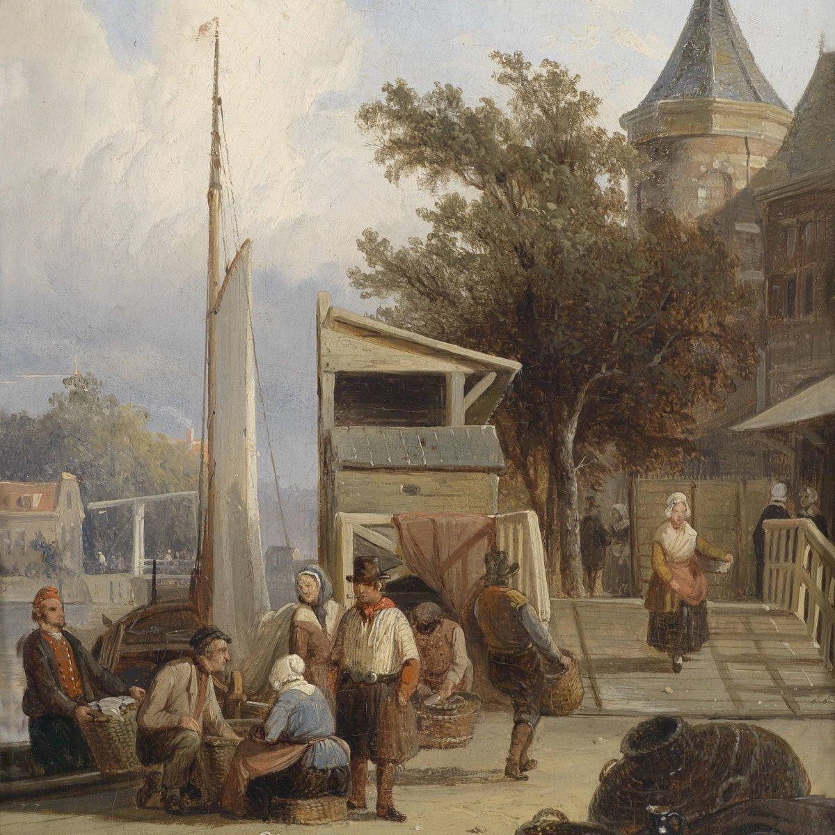 Old Harbor Fishermen Gathering Scene - People Oil Painting - Oil Painting Haven