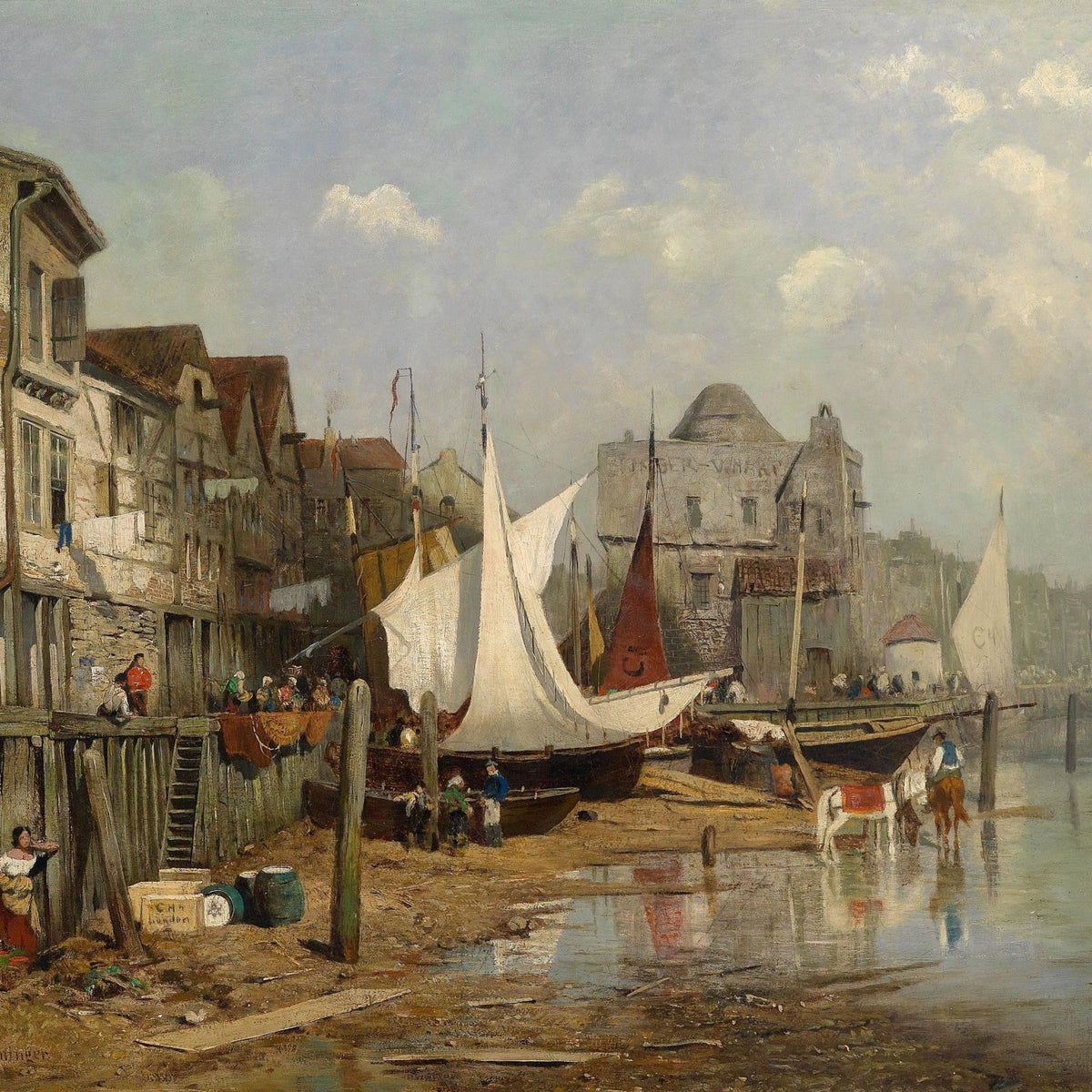 Old Riverside Harbor Town with Sailing Boats – Landscape Oil Painting - Oil Painting Haven