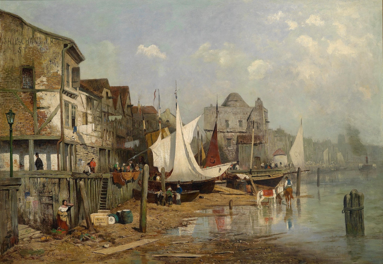 Old Riverside Harbor Town with Sailing Boats – Landscape Oil Painting - Oil Painting Haven