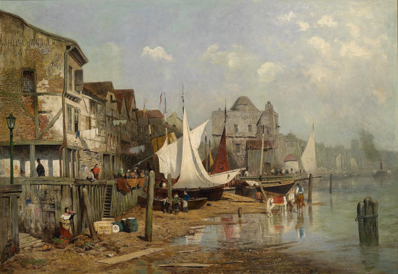 Old Riverside Harbor Town with Sailing Boats – Landscape Oil Painting - Oil Painting Haven