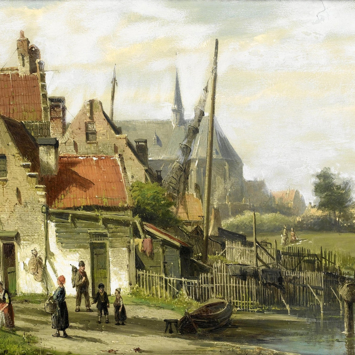 Old Riverside Village Scene | Hand - Painted European Oil Painting - Oil Painting Haven