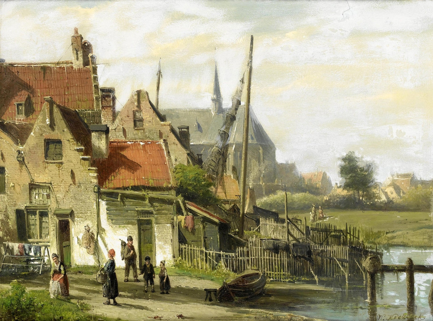 Old Riverside Village Scene | Hand - Painted European Oil Painting - Oil Painting Haven