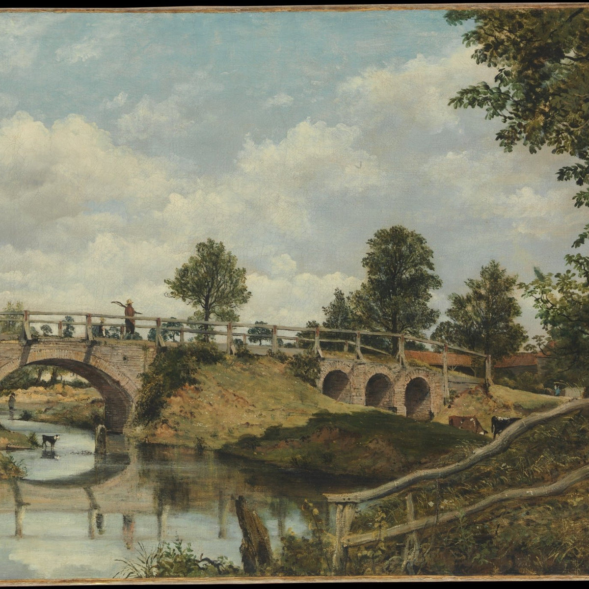 Old Stone Bridge over Quiet Country River - Landscape Oil Painting - Oil Painting Haven
