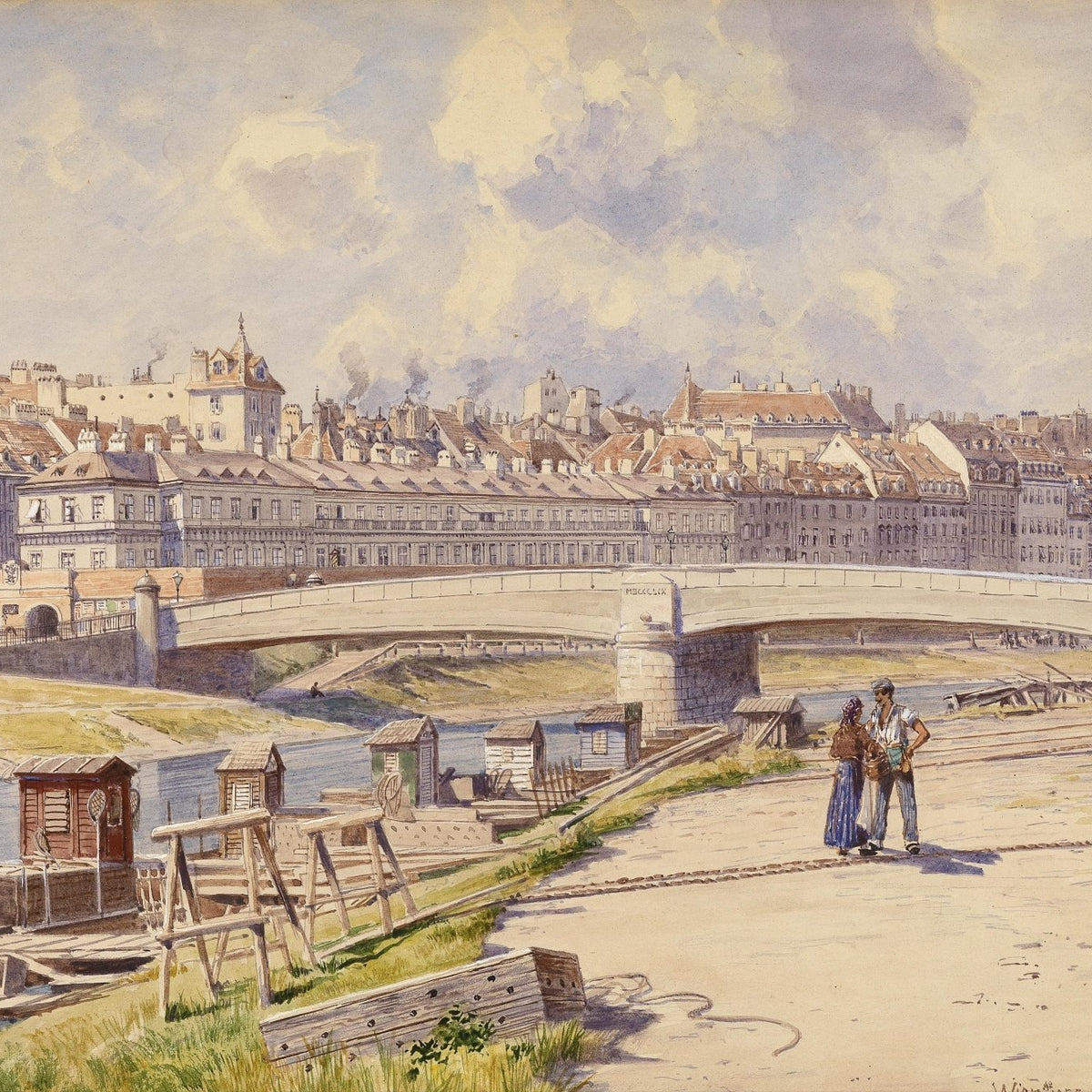 Old Town Riverside Bridge Scene in European City - Landscape Oil Painting - Oil Painting Haven