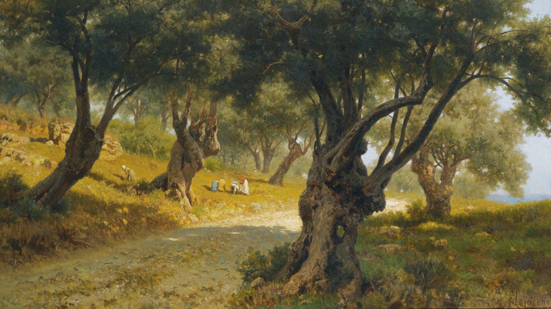 Olive Grove Path with Country Figures – Hand - painted Landscape - Oil Painting Haven