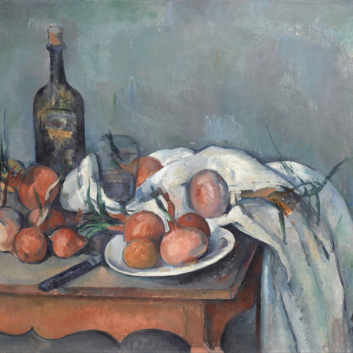 Onions, Bottle and Cloth on Table - Still Life Oil Painting - Oil Painting Haven