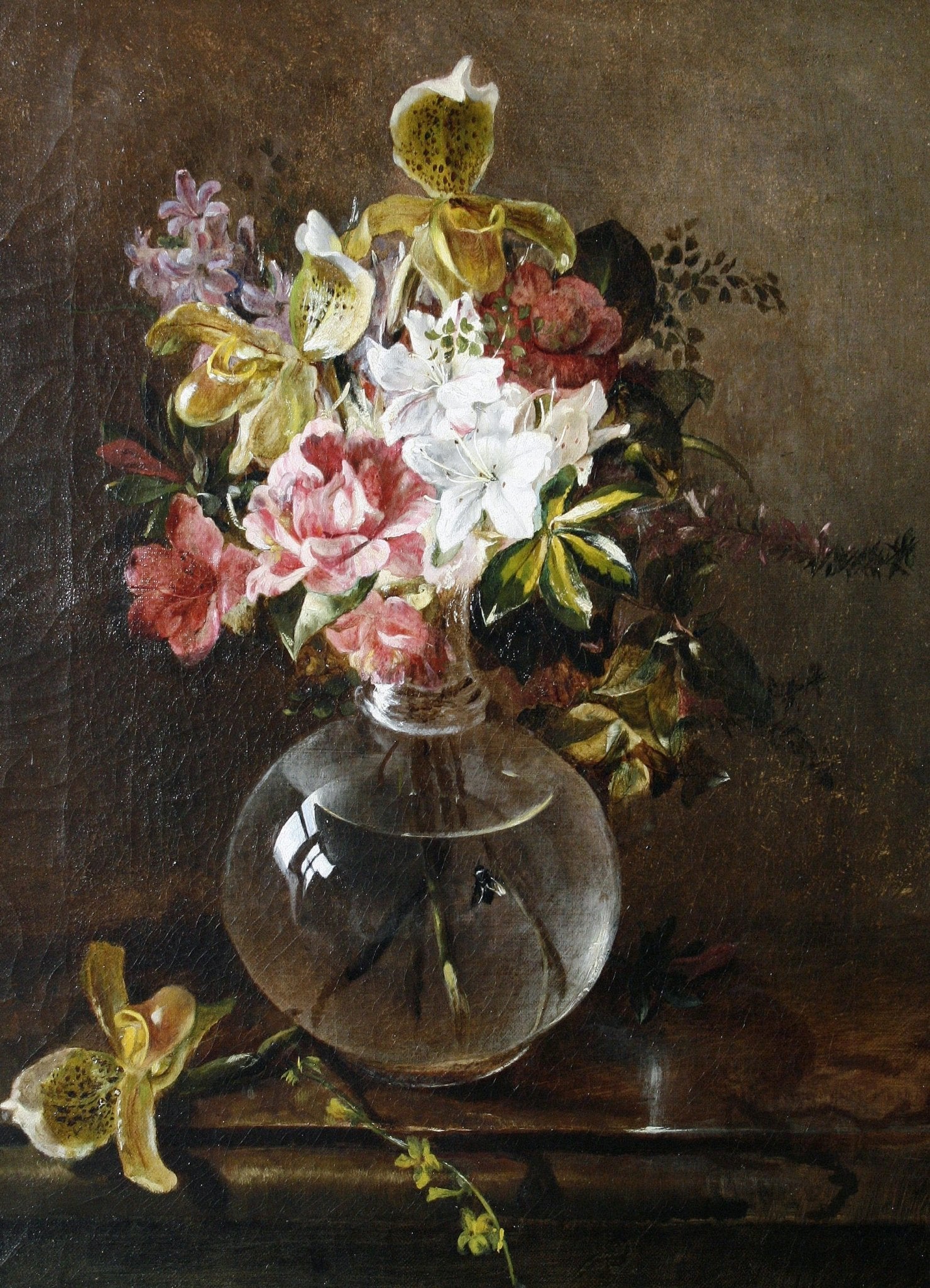 Orchid and Rose Still Life in Glass Vase – Floral Oil Painting - Oil Painting Haven