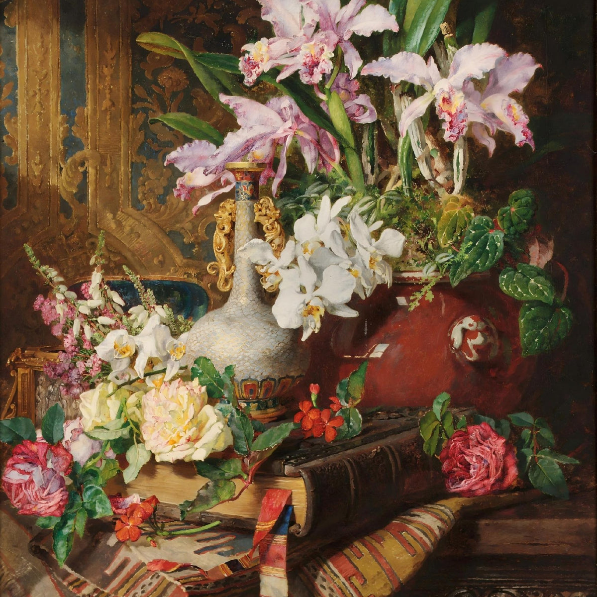 Orchids and Roses in Decorative Vase – Floral Oil Painting - Oil Painting Haven