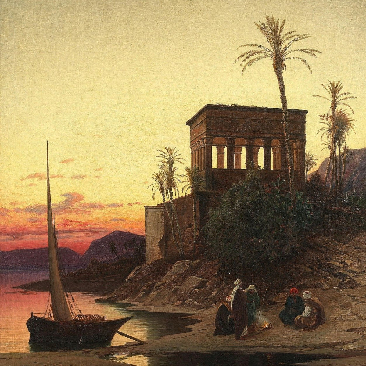 Oriental Riverside at Sunset, Palms, Figures – Landscape Oil Painting - Oil Painting Haven