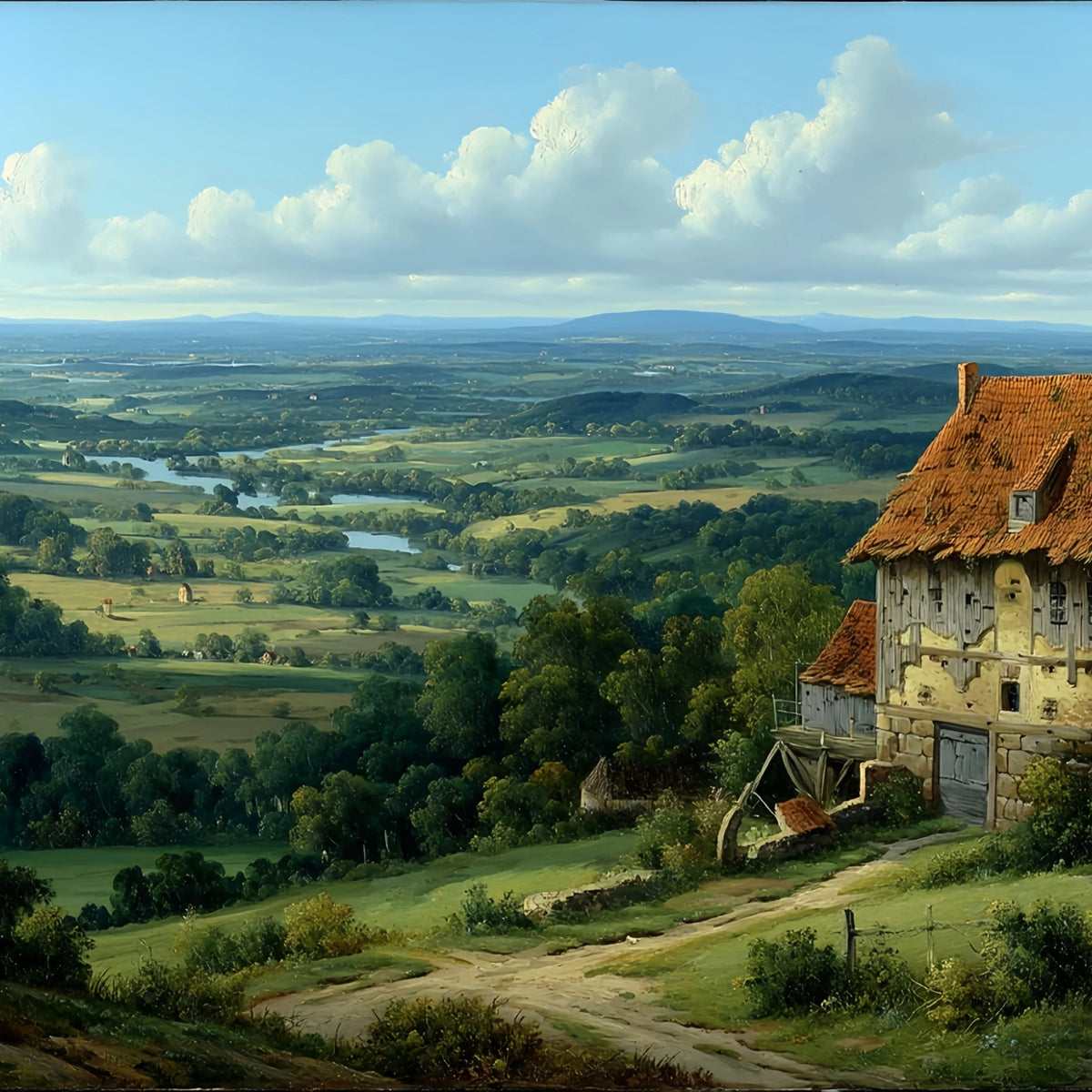 Original Oil Painting For Sale: Rural Cottage Valley Landscape - Oil Painting Haven