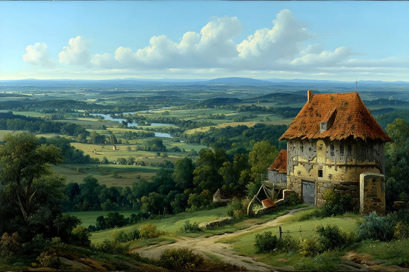 Original Oil Painting For Sale: Rural Cottage Valley Landscape - Oil Painting Haven