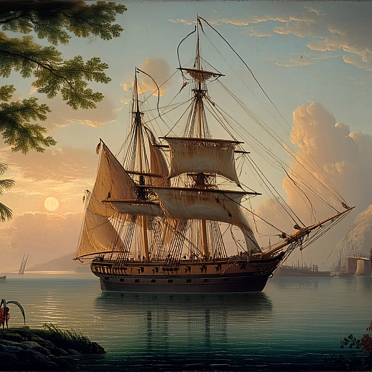 Original Oil Painting For Sale: Sailing Ship Tropical Sunset - Oil Painting Haven