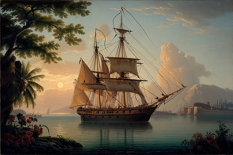 Original Oil Painting For Sale: Sailing Ship Tropical Sunset - Oil Painting Haven