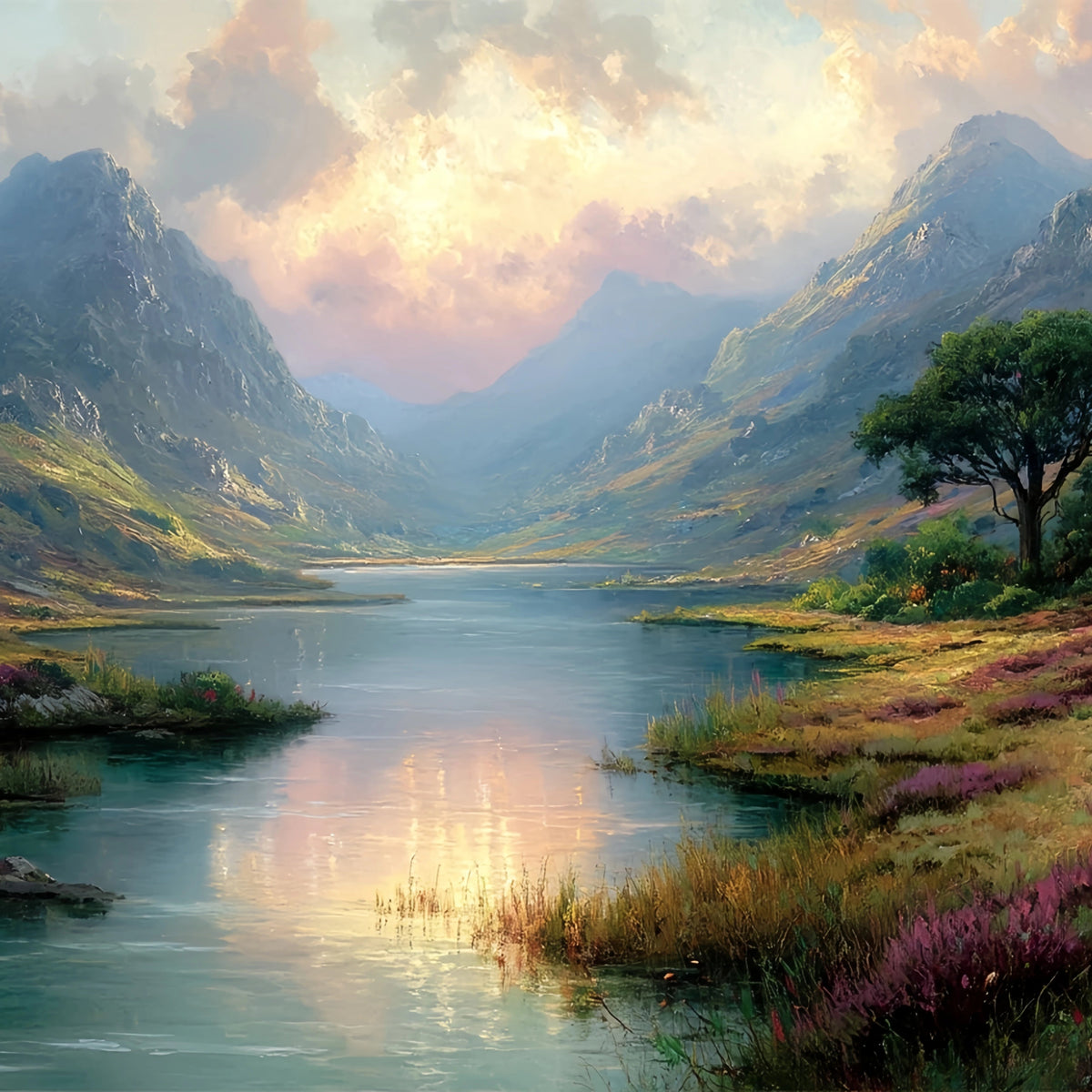 Original Oil Painting For Sale: Sunset Mountain Lake Landscape - Oil Painting Haven