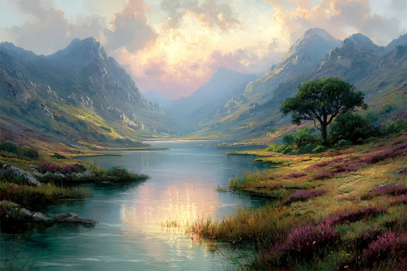 Original Oil Painting For Sale: Sunset Mountain Lake Landscape - Oil Painting Haven