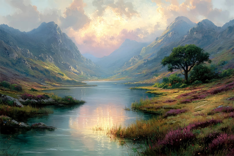 Original Oil Painting For Sale: Sunset Mountain Lake Landscape - Oil Painting Haven