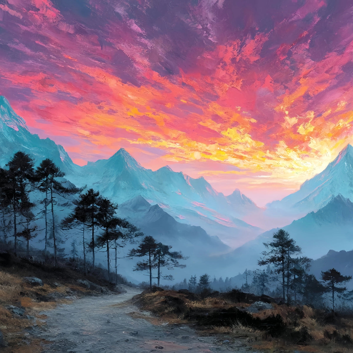 Original Oil Paintings For Sale: Alpine Sunset Fiery Skies - Oil Painting Haven