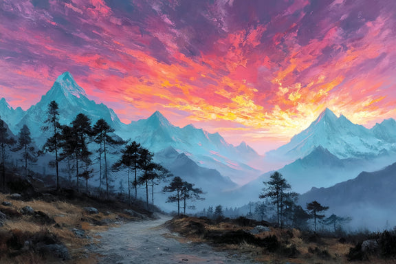 Original Oil Paintings For Sale: Alpine Sunset Fiery Skies - Oil Painting Haven