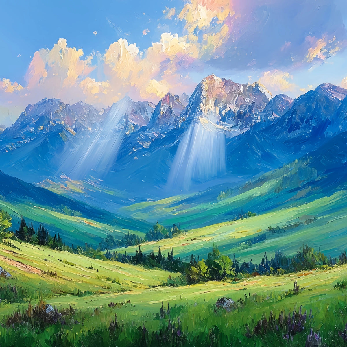 Original Oil Paintings For Sale: Alpine Valley Divine Light - Oil Painting Haven