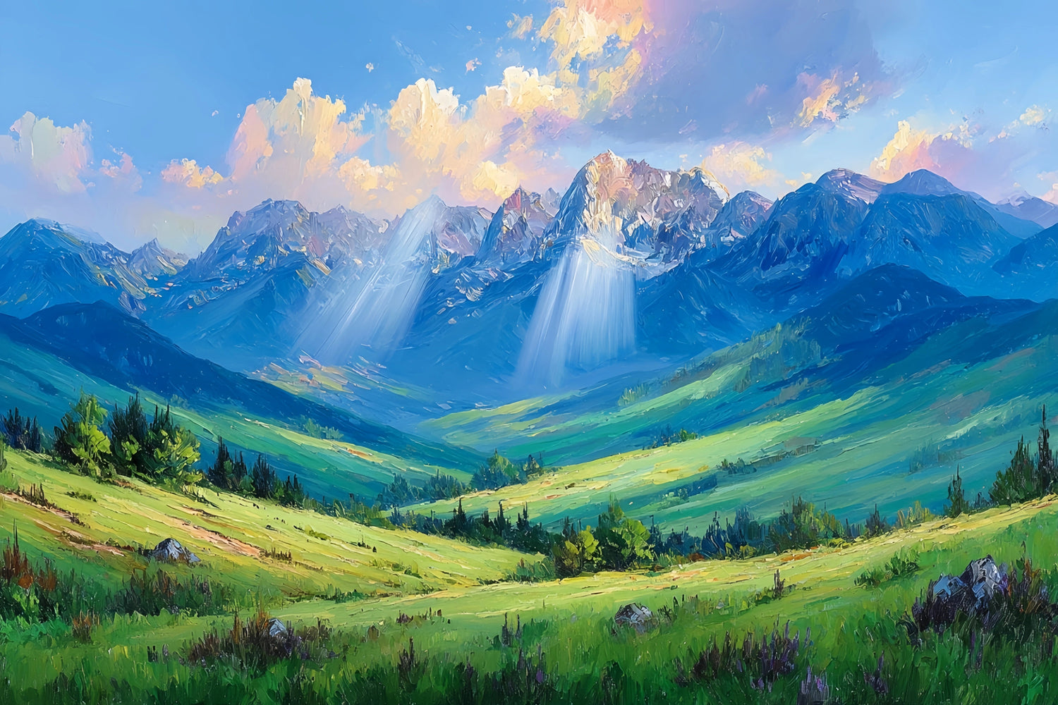 Original Oil Paintings For Sale: Alpine Valley Divine Light - Oil Painting Haven