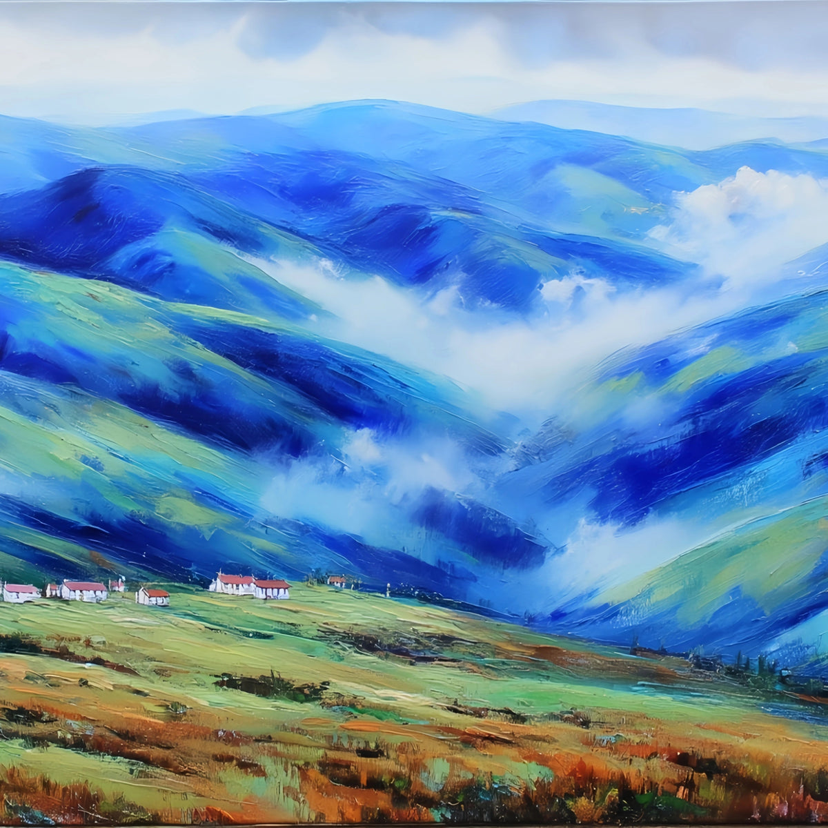 Original Oil Paintings For Sale: Blue - Green Mountain Range - Oil Painting Haven