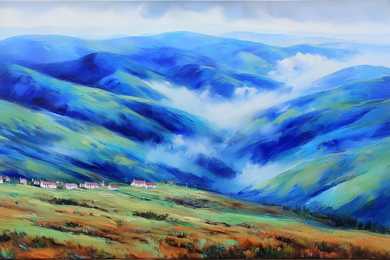 Original Oil Paintings For Sale: Blue - Green Mountain Range - Oil Painting Haven