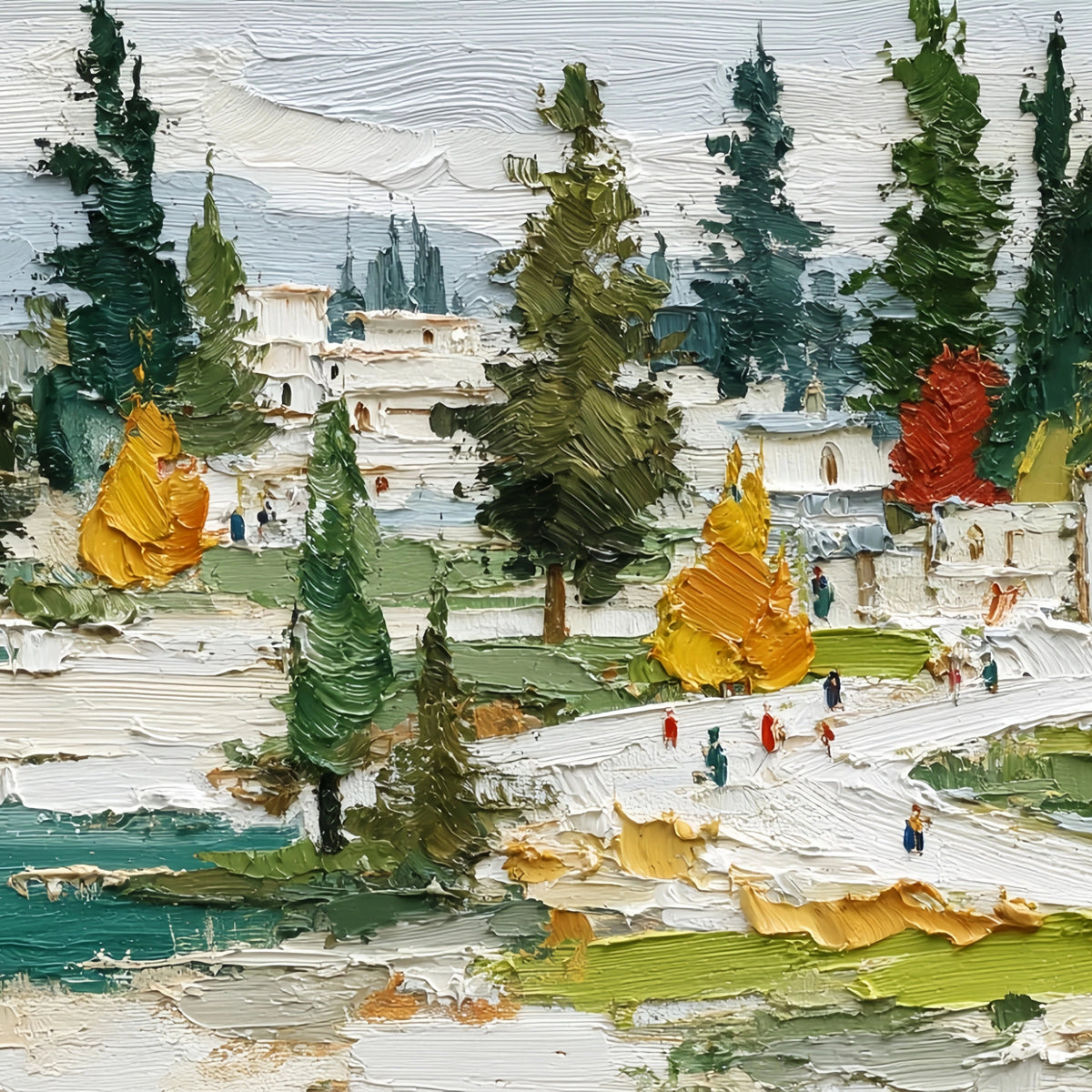 Original Oil Paintings For Sale: Lakeside Town Impasto Art - Oil Painting Haven