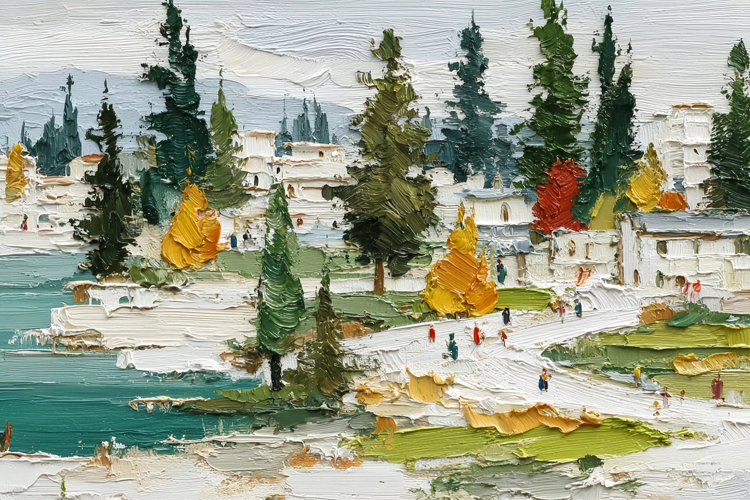 Original Oil Paintings For Sale: Lakeside Town Impasto Art - Oil Painting Haven
