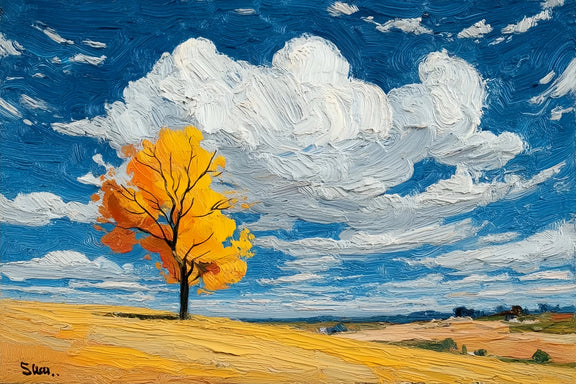 Original Oil Paintings For Sale: Lone Autumn Tree Landscape - Oil Painting Haven
