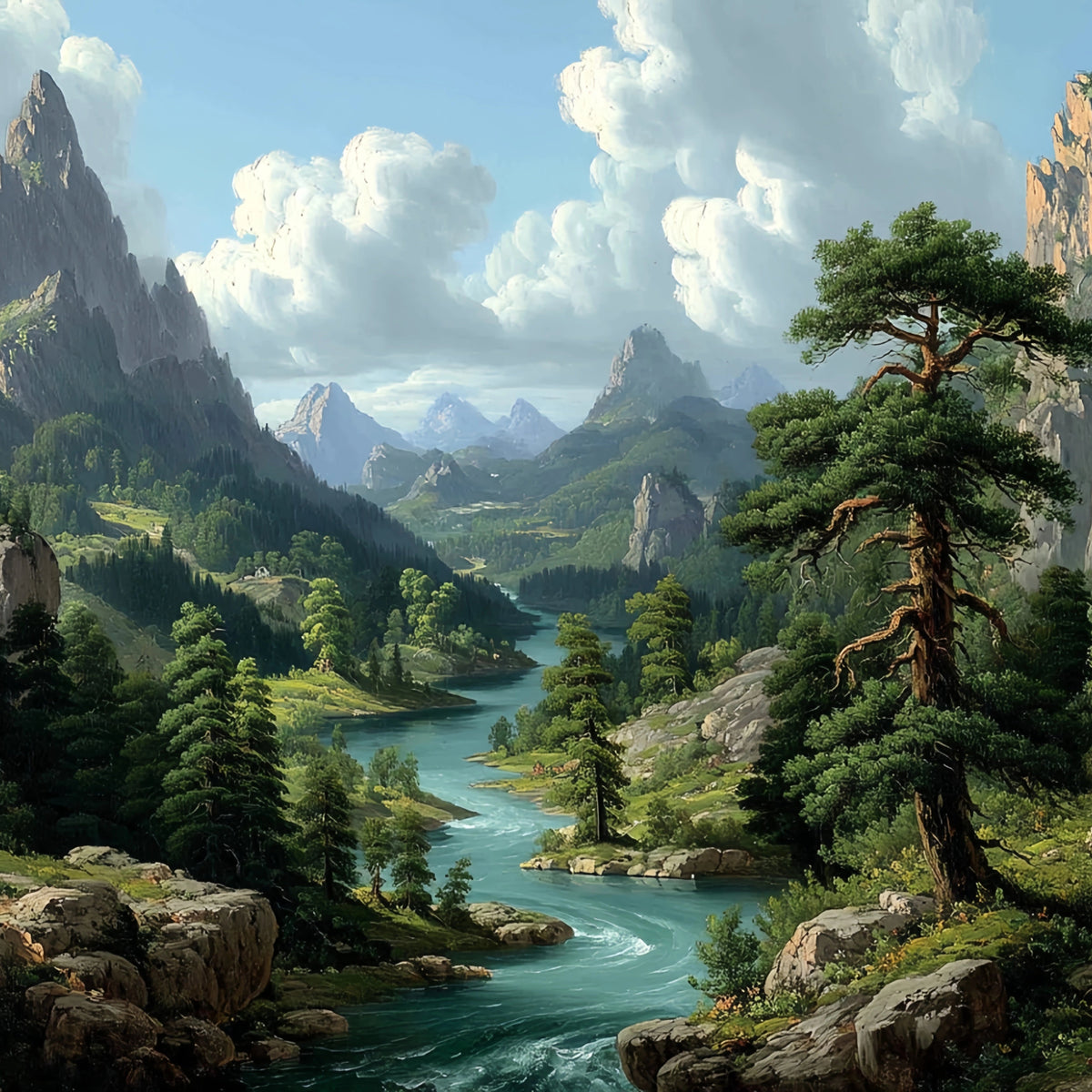 Original Oil Paintings For Sale: Majestic Valley River - Oil Painting Haven