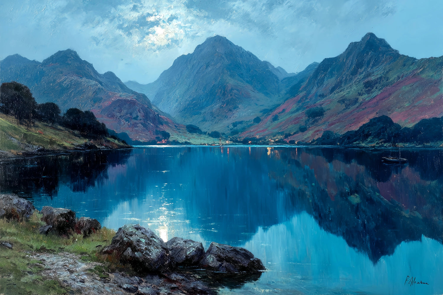 Original Oil Paintings For Sale: Moonlit Lake Landscape - Oil Painting Haven