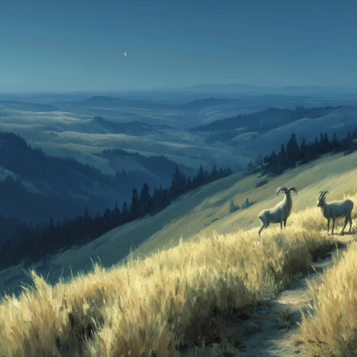 Original Oil Paintings For Sale: Mountain Goats Golden Hills - Oil Painting Haven