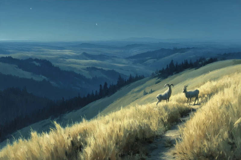 Original Oil Paintings For Sale: Mountain Goats Golden Hills - Oil Painting Haven