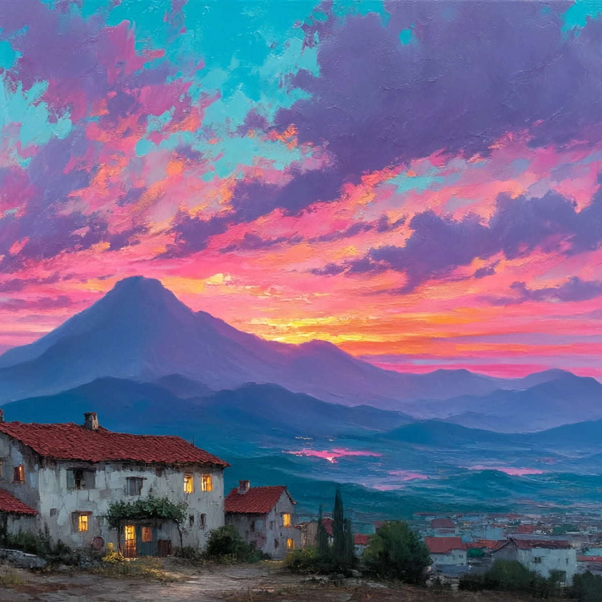 Original Oil Paintings For Sale: Mountain Village Sunset - Oil Painting Haven