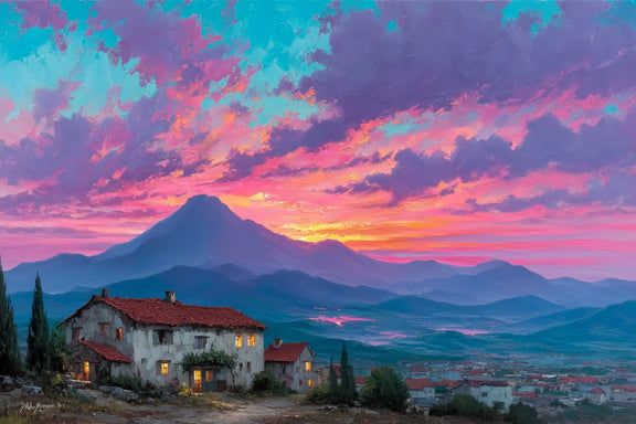 Original Oil Paintings For Sale: Mountain Village Sunset - Oil Painting Haven