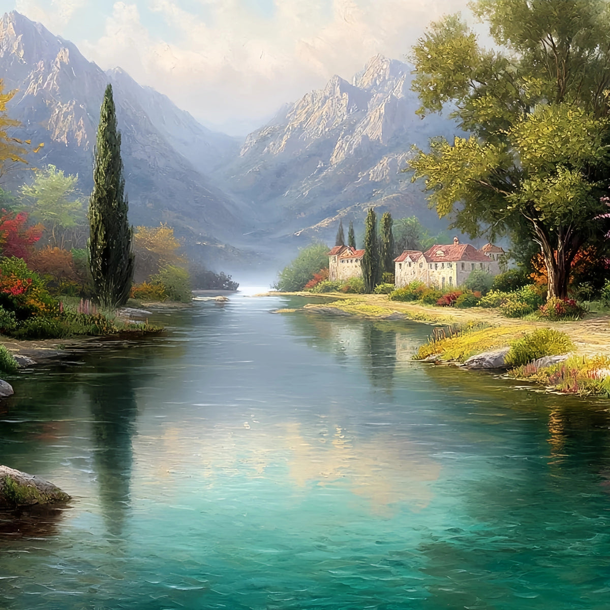 Original Oil Paintings For Sale: Riverfront Village Mountain - Oil Painting Haven