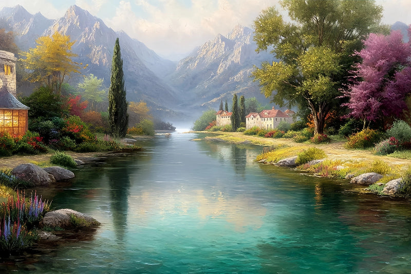 Original Oil Paintings For Sale: Riverfront Village Mountain - Oil Painting Haven