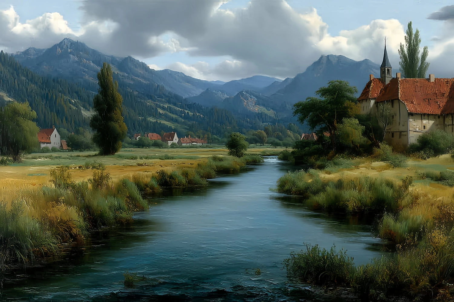 Original Oil Paintings For Sale: Rural Valley River Landscape - Oil Painting Haven