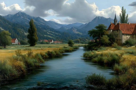 Original Oil Paintings For Sale: Rural Valley River Landscape - Oil Painting Haven