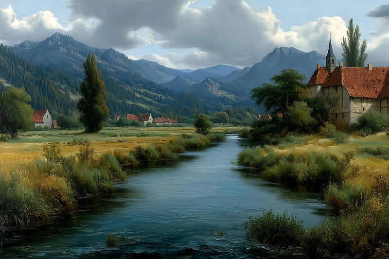 Original Oil Paintings For Sale: Rural Valley River Landscape - Oil Painting Haven